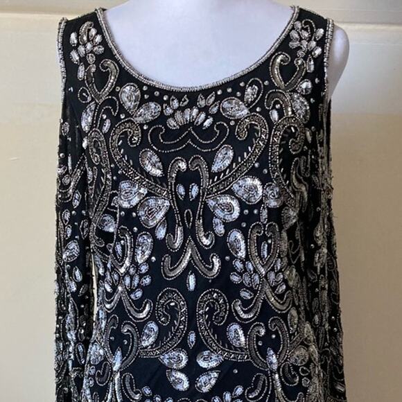 Pisarro Nights Black Evening Dress size 6 Silver Beads & Sequin Overlay - Picture 4 of 11